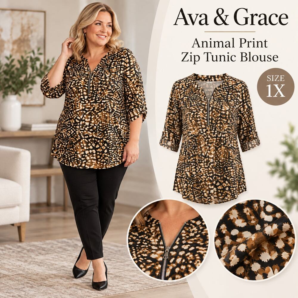 Ava & Grace Womens 1X Animal Print Zip Front Tunic Blouse 3/4 Sleeve Brown Black